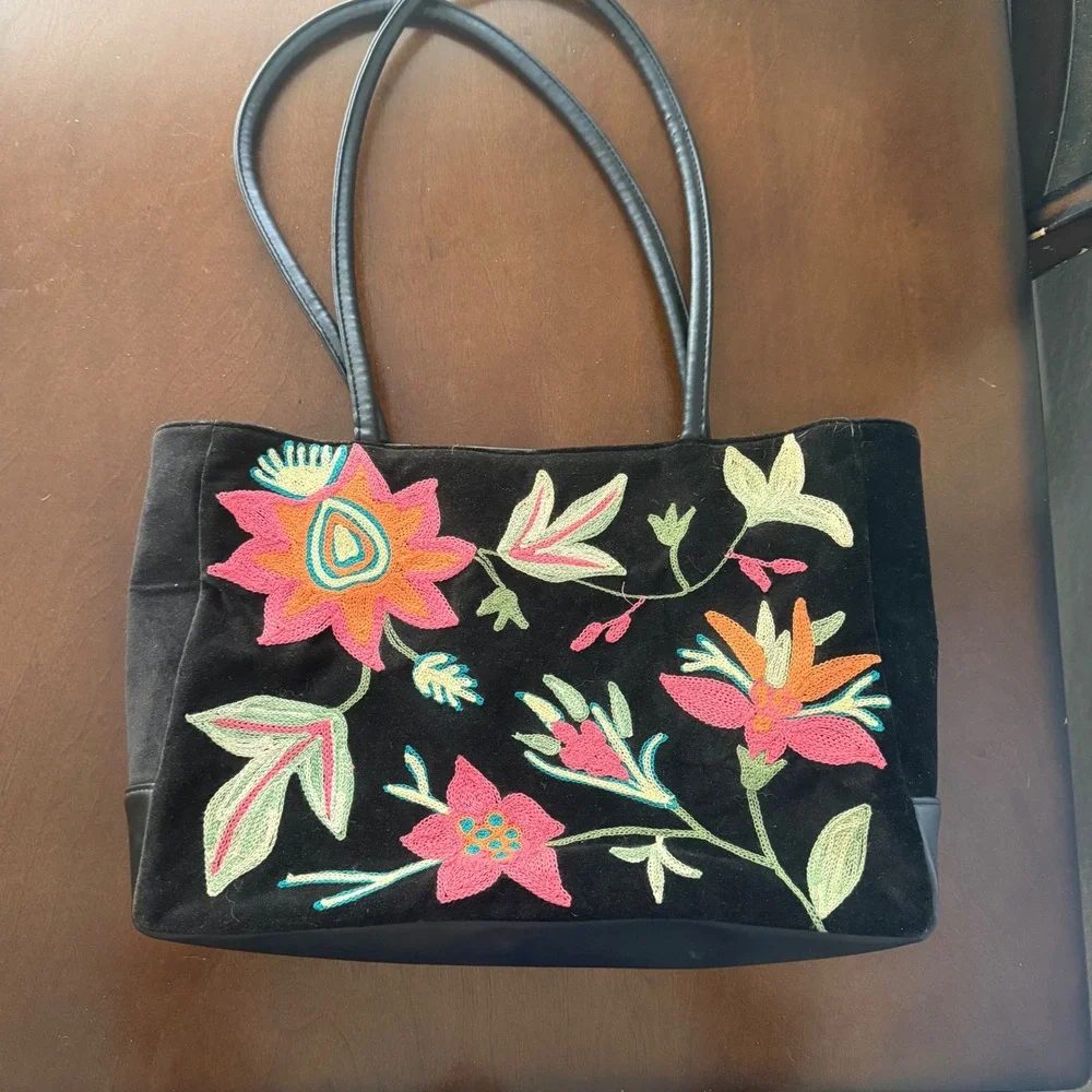 Black Velvet Floral Embroidered Purse Boho Unique Dark Academia